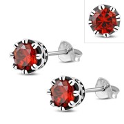 Vintage Royal Crown Celtic Garnet CZ Sterling Silver Stud Earrings - e455
